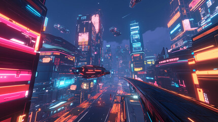 Futuristic Cyberpunk Cityscape with Neon Lights and Flying Vehicles. Concept of advanced technology, urban design, and sci fi.
