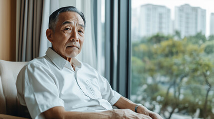 Elderly Asian man sitting by a large window in a nursing home reflecting quietly