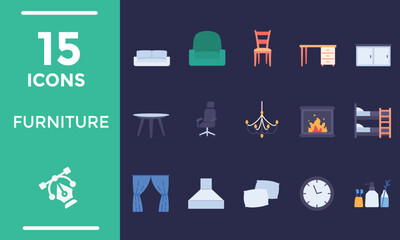 Furniture vector illustration set. Flat Style furnishings design with sofa armchair, lamp, table, house plants. Designer trendy items for home apartment or office interior decor isolated on white