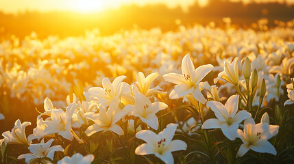 White lilies in a golden field at sunrise © TiA