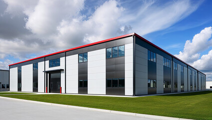 Modern industrial building with red trim under partly cloudy sky