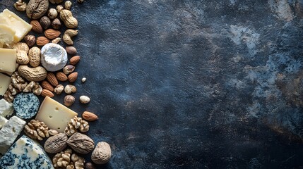Assorted Cheeses and Nuts Arranged on Dark Surface