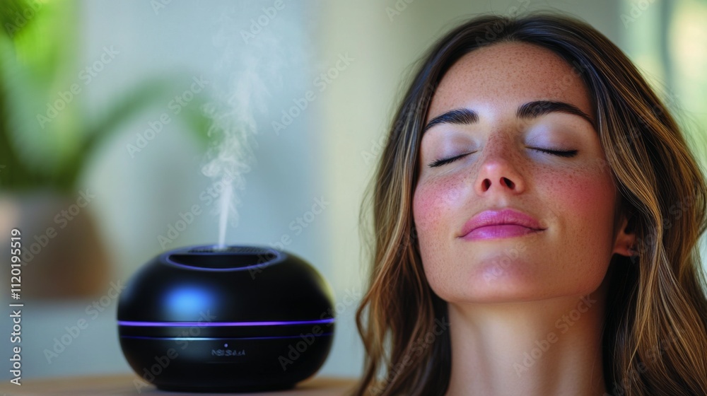 Poster a person relaxes with eyes closed as an essential oil diffuser emits gentle steam in a tranquil envi