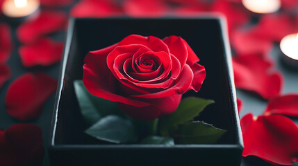 close up of single red rose in velvet box surrounded by petals