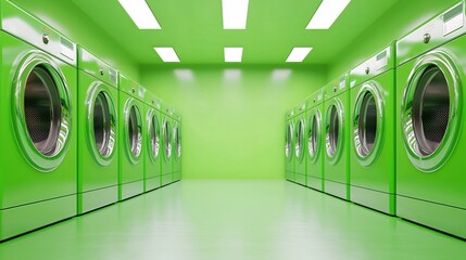 Bright green laundry room with modern washing machines.