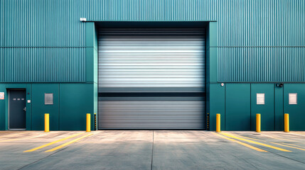 Modern warehouse with glossy steel cladding and spacious rolling doors in an industrial estate, captured with a wide-angle lens