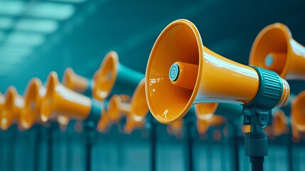 Row of orange megaphones in a modern setting.