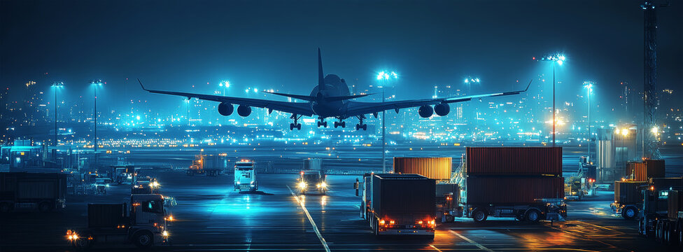 Global freight transportation network illuminated at night with planes and trucks in busy airport operations