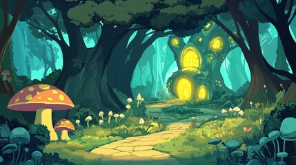 Enchanted Forest Path to Magical Treehouse. Fantasy Landscape, Cartoon Style.