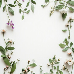 Naklejka premium Minimal floral frame with greenery and delicate blossoms