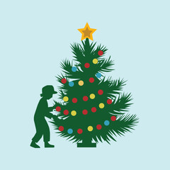  Christmas Tree with a little boy. silhouette Vector art