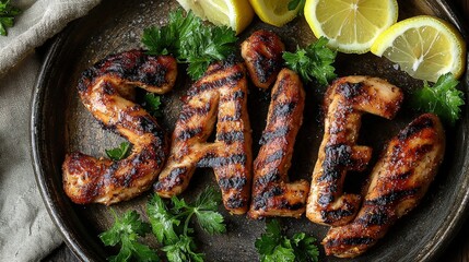 Grilled chicken letters arranged to spell sale with fresh lemon and herbs