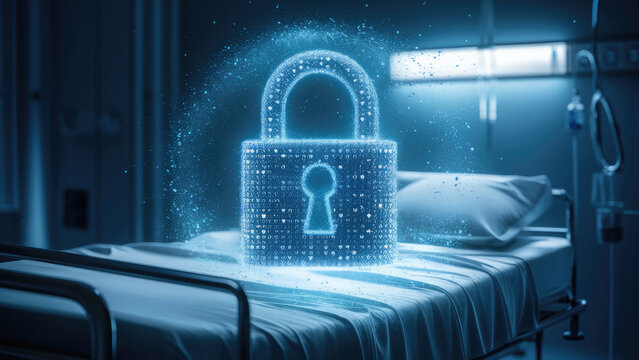 Blue padlock hologram in a hospital room. healthcare data protection, patient privacy and medical data security concept. - Powered by Adobe