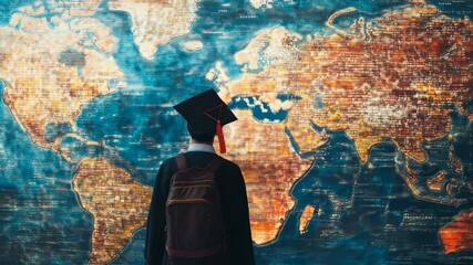 Graduate looking at international job board, in front of a world map, preparing for a global career path and opportunities