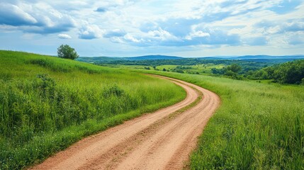 Fototapeta premium Illustration of a winding country dirt road through lush green fields under a cloudy blue sky. Ai generated image