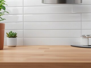 Wood tabletop on a blurred background of a kitchen counter.