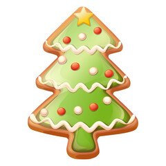 Traditional Christmas gingerbread glazed cookie. Sugar cookie christmas tree shape. Homemade biscuit decorated with glaze