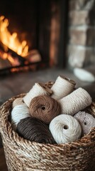 Obraz premium Cozy Basket of Yarn by the Fireplace