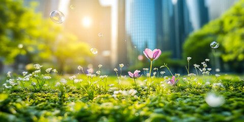 Fototapeta premium Urban garden with blooming flowers and sunset in a city park