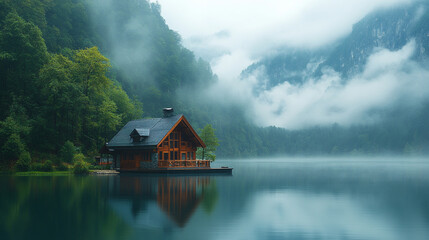 Fototapeta premium A wooden house sits on a lake surrounded by misty mountains and lush green trees