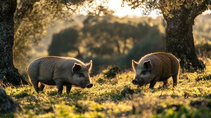 Two Iberian pigs in golden sunlight, facing each other in a grassy field under olive trees.