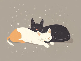 Fototapeta premium Two cats napping peacefully on a cozy background with a touch of sparkle