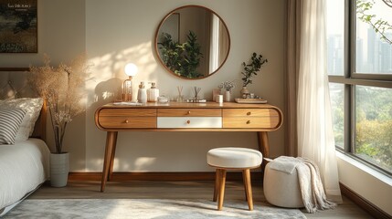 Modern wooden vanity with stool in bedroom.