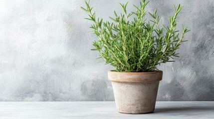 Fototapeta premium A lush rosemary plant showcases its vibrant green leaves in a rustic pot. It is placed on a smooth table surface, surrounded by a soft, textured wall, creating a serene atmosphere