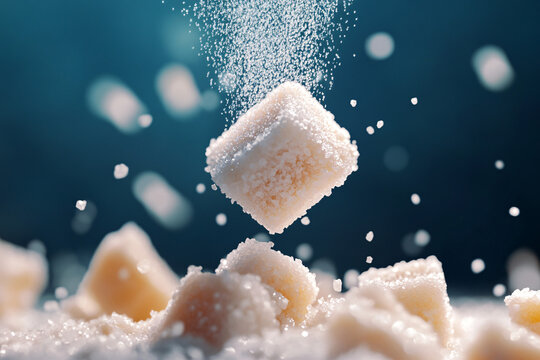 A falling sugar cube captured dramatically with a blue background, addressing sugar intake and health awareness