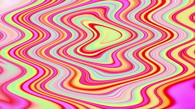 Fluorescent colors abstract psychedelic background. Wave motion flow of light green, soft blue, yellow, fade orange, magenta pink, red curves. Flowing spiral pattern 70s 80s retro design. Groovy flame