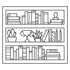 Bookshelf, a shelf in a children's room. Black and white illustration, hand drawn coloring.
