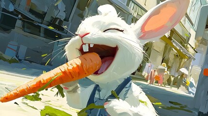 Cartoon style of rabbit laughing while eating cart illustration