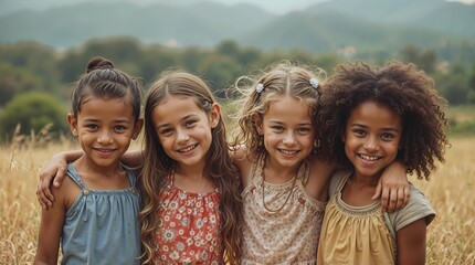 Fototapeta premium Portrait of children from different cultures enjoying with friends in the countryside together.