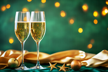 Two glasses of champagne on a festive table with gold decorations and beautiful bokeh on a green background