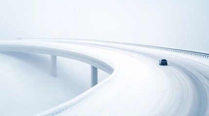 A snow-covered highway winds through a winter landscape, with vehicles cautiously maneuvering along the slick, white road in low visibility conditions