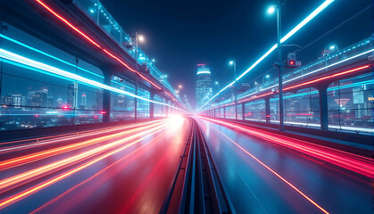 Fototapeta premium Abstract light background City road light, night highway lights, futuristic city highway, dynamic motion blur, neon lights, vibrant color palette