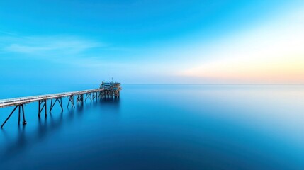An oil and gas rig platform stands firmly over calm waters, bathed in soft sunrise light. The scene captures the serenity of the ocean with vibrant hues of blue and orange filling the sky