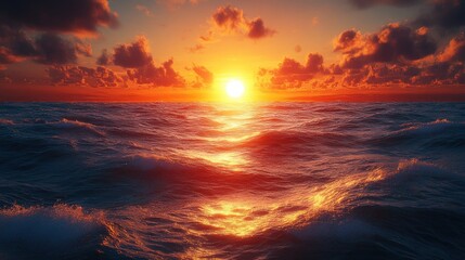 A stunning sunset casts vibrant colors across the sky and reflects on the ocean waves, highlighting the serene atmosphere surrounding oil production activities