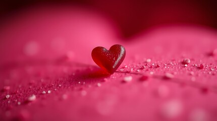 Fototapeta premium Tiny Heart, Big Love: A single red heart, glistening with dew, rests delicately on a vibrant pink surface. The soft focus and saturated hues create a dreamy and romantic ambiance.