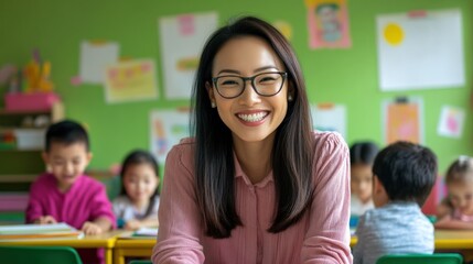 Obraz premium Smiling Teacher in Classroom