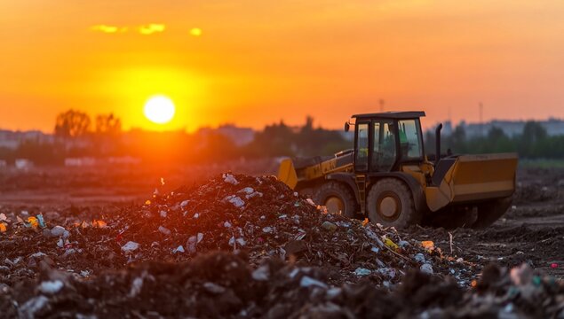 A bulldozer operates at a landfill during a sunset.