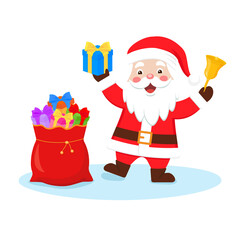 Cute Santa Claus with gift boxes and bell. Merry Christmas and New Year design. Color vector illustration in cartoon flat style. PNG with transparent background.