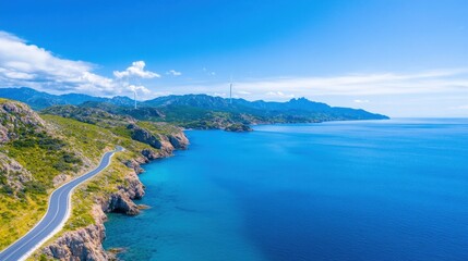 A power plant sits along a coastal area with stunning views of the ocean and mountains. A winding road traces the coastline, highlighting the natural beauty of the landscape under a clear sky