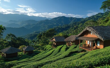 Tranquil Mountain Landscape Featuring Traditional Wooden Houses Amidst Lush Green Tea Plantations Backlit by a Beautiful Sunrise Over Majestic Peaks
