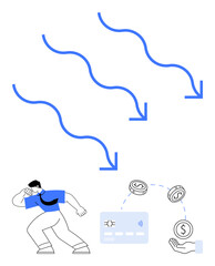 Man running from descending arrows as credit card and money scatter on the ground. Ideal for financial crisis, debt management, economic pressure, stress, personal finance, business challenges