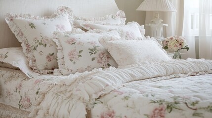 Cozy Floral Bedding with Ruffled Pillows and Soft Textures