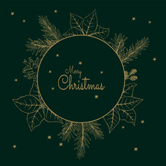 A Christmas card. Vector illustration on a dark green background with golden branches of a Christmas tree and poinsettia
