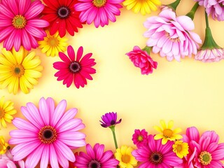 Pink background with vibrant colorful flowers in various shades of red, pink, purple, and yellow, creating a cheerful and feminine backdrop, flowers, vibrant
