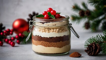 Photo of a beautifully styled Christmas mousse dessert in a glass jar, topped with red berries and cocoa. Festive decorations and pinecones complete the seasonal composition.