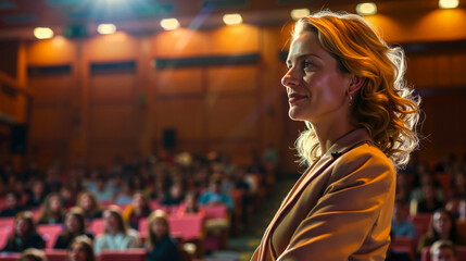 Obraz premium A woman standing in front of an audience in a theater